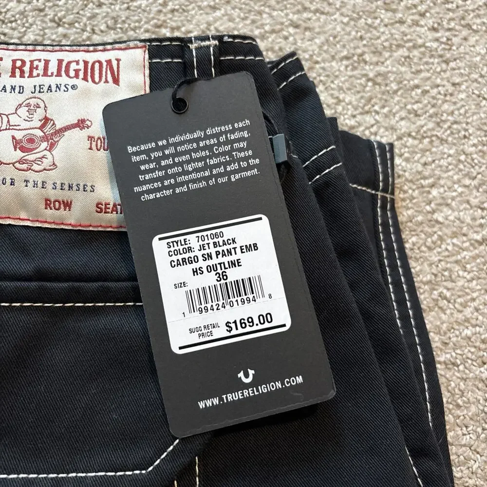 True Religion Men's Cargo Pants Jet Black White Stitching Size 36 Flap Pockets